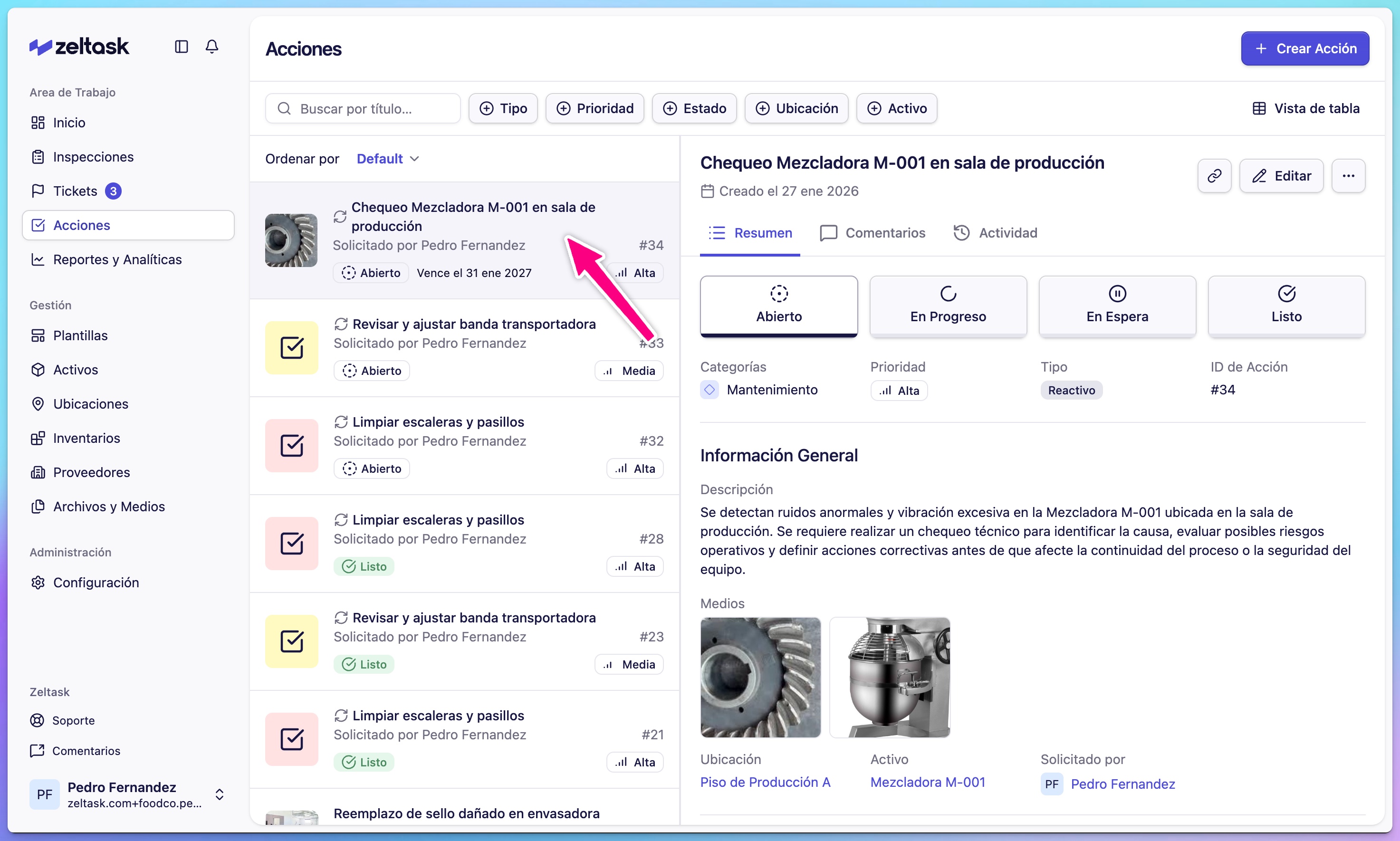 Action detail view showing status, assigned user, and linked asset